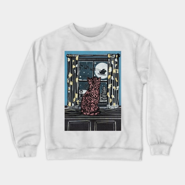 Christmas Linoprint Cat sitting on a windowsill watching Santa fly through the night on his sleigh full of gifts Crewneck Sweatshirt by NattyDesigns